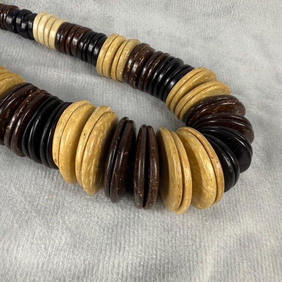 Chunky Natural Wood Bead Necklace Black Brown/Beige Layers & Loop Button Closure - Picture 15 of 16